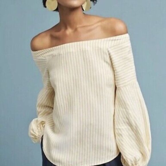 Anthropologie Maeve Yellow White Striped Clotille Off The Shoulder Top - Picture 1 of 5
